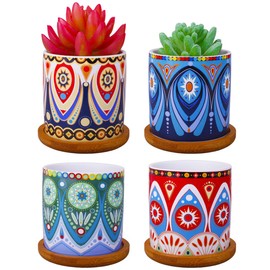 ROSE CREATE 4 Pcs Colorful Mini Ceramic Cylinder Succulent Plant Pots with Bamboo Trays, Thumb Flower Pots for Small Plants and Decorative Objects - Colorful Mandala Styles
