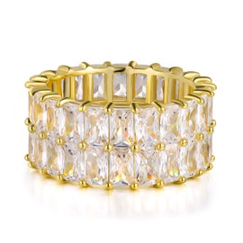 OPOMOMO Eternity Ring Wedding Bands,18K Gold Plated 2 Rows Emerald Cut Iced Out Lab Diamond Band Rings for Women Men (B-gold plated, 10)