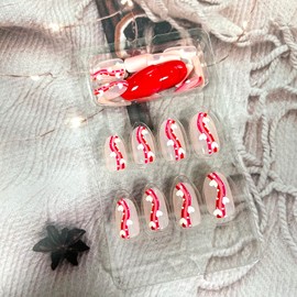 Press on Nails Short Oval Stripe Love Heart Design French False Nails Valentine's Day Short Fake Nails Full Cover Glossy Coffin Nails Artificial Acrylic Nail, Glue on Nails for Women 24Pcs