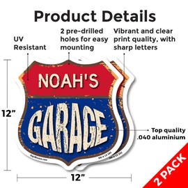Noah's Garage (2 Pack) 12 inch X 12 inch Shield-Shaped Rust-Free Aluminum Metal Signs Weather Resistant, UV Protected To last, Gift for Dads and Uncles Classic Americana Crafted in the USA