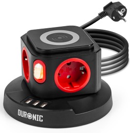 Duronic ET4W Steckdosenleiste 4-Fach, Mehrfachsteckdose USB, Steckdosenverteiler 3680W 16A Überspannungsschutz, Mehrfachstecker mit Wireless Charging, Steckdosenwürfel mit Schalter 1,8 m Kabel