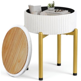 Memobarco 18-Inch Velvet Vanity Stool Chair with Storage, Vanity Bench with 4 Golden Metal Legs & Anti-Slip Adjustable Feet,Round Storage Ottoman Stool with Removable Soft Padded Seat, Beige