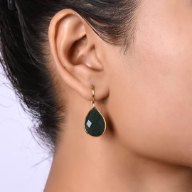 Gempires Pear Shaped Teardrop Crystal Earrings, Bezel Earring, Natural Gemstone Dangle Drop Earrings, Minimal, Everyday Wear, Gift for Girlfriend, Mom (Length 1.25 inch) (Green Jade)