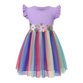 HILEELANG Toddler Girls Rainbow Tulle Tutu Easter Party Dress Purple Ruffle Sleeves Floral Waist Ribbed Cotton Birthday Princess Dresses 5T