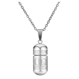 JSDDE Jewellery Stainless Steel Buddhist Mantra Pendant with 24 Inch Chain, Om Mani Padme Hum Prayer Grinder, Bottle, Capsule, Pendant, Urn Pendant for Women and Men, Stainless Steel, Silver