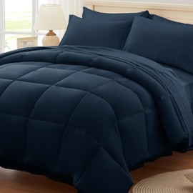 Anluoer Queen Size Bed in a Bag 7 Pieces, Navy Blue Bed Comforter Set with Comforter and Sheets, All Season Bedding Sets with 1 Comforter,2 Pillow Shams,2 Pillowcases, 1 Flat Sheet,1 Fitted Sheet
