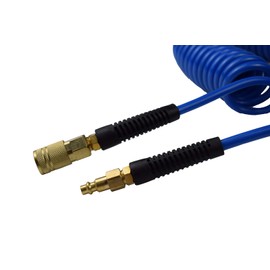 YOTOO Polyurethane Recoil Air Hose 1/4" Inner Diameter by 50' Long with Bend Restrictor, 1/4" Industrial Quick Coupler and Plug, Blue