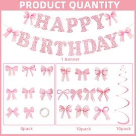 Pink Bow Birthday Decorations Pink Bow Birthday Banner Bow Party Hanging Swirls Set for Women Girls Bow Party Decoration Supplies