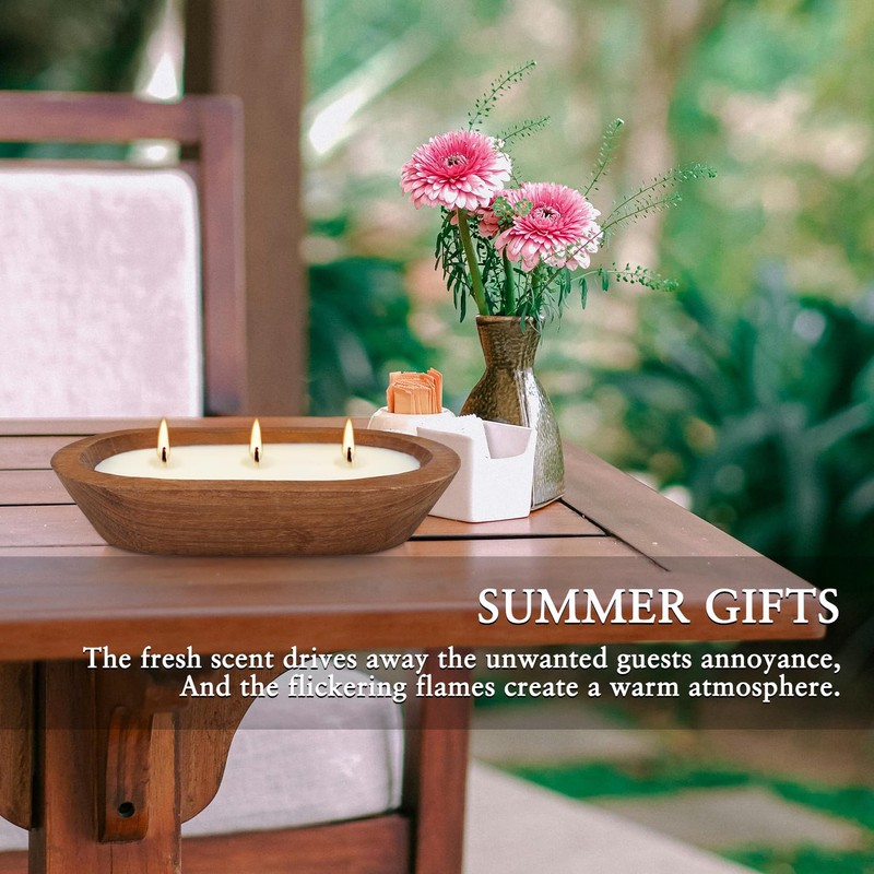 Citronella Scented 3-Wick Candle (8oz) Oval Wood Bowl Candle, Clean