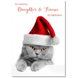 doodlecards Daughter and Fiance Christmas Card Grey Cat with Santa Hat Medium Size Christmas Card for Daughter & Fiance with Plain Envelope