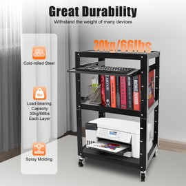 Large Steel Rolling Cart with Power Strip and Storage - Media Cart for Video Projector,TV,Printers,Computers with with 4 Casters,2 Locking Brakes,1 Sliding Keyboard Tray