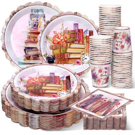 Havawish 250 Pcs Book Club Birthday Party Decorations Vintage Book Theme Library Reading Party Supplies Paper Plates Napkins Cups Disposable Tableware Set for 50 Guests (I Love Reading)