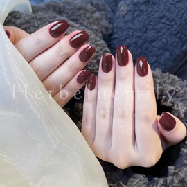 Herbeluemily Nail Tip, Short, Handmade, Storage Case, 10 Pieces, Gel Nail Style, Red, A (Gloss Red) S