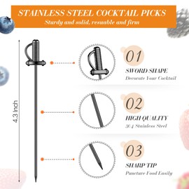 10 Pieces Stainless Steel Cocktail Picks Toothpicks 4.3 Inch Sword Metal Martini Drink Pick Sticks Appetizer Reusable Skewers Food Fruit Cocktail Toothpicks for Birthday Wedding Beach (Black)