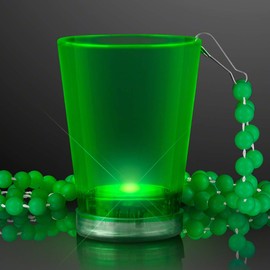 FlashingBlinkyLights Light Up Green Shot Glass on Party Bead Necklaces (Set of 12)