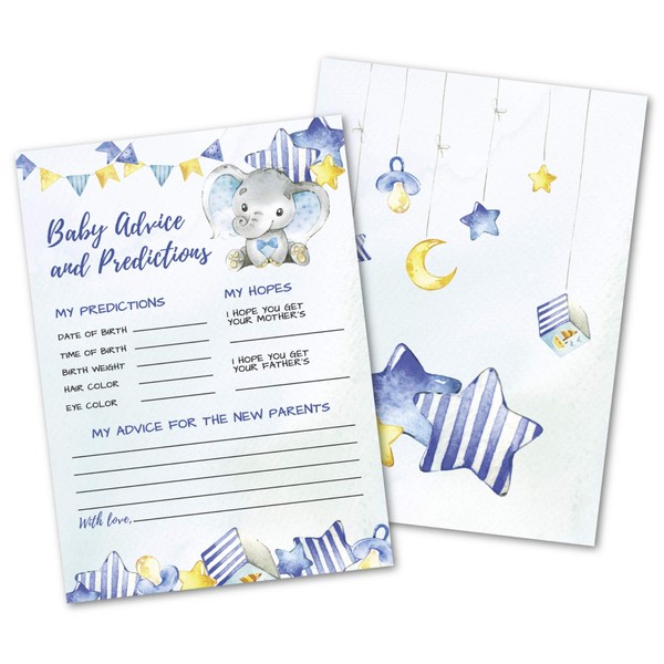 50 Deluxe Blue Elephant Advice and Prediction Cards- Large Double Sided 5 x 7 Inch for Baby Boy Shower Game, New Parent Message Book, Mom & Dad to Be, Decorations Activities Supplies Invitations