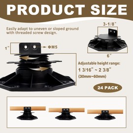 24 Pack Adjustable Deck Support Pedestal Kit, Deck Foundation Base, Height Adjustment 1-3/16" to 2-3/8", Plastic Deck Leveling Blocks with 48 Screws, 2 Tape & Screwdriver for Decks, Joists, Flooring