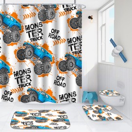 Boys Bathroom Decor Monster Truck Shower Curtain Sets Monster Truck Shower Curtains Boy Bathroom Set 4 Pieces, Kids Teen Toddler Bath Waterproof Cartoon Car Shower Curtain Mat for Toilet Decorations