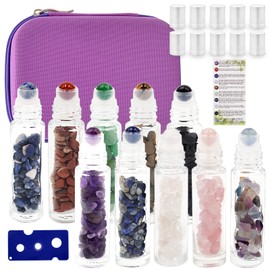 Essential Oil Roller Bottle EVA Carrying Travel Case and 10pcs Essential Oil Gemstone Roller Ball Bottles Frosted Glass Inside 10ml Healing Crystal Chips Feng Shui Roller (Multicolor)