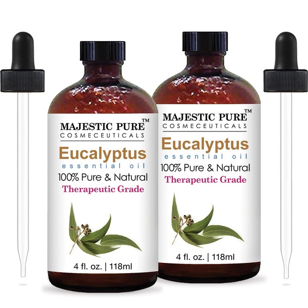 MAJESTIC PURE Eucalyptus Essential Oil, Therapeutic Grade, Pure and Natural, for Aromatherapy, Massage, Topical & Household Uses, 4 fl oz (Pack of 2)