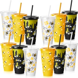 Uiifan 12 Pcs Bee Cups Bee Party Plastic Cups 24oz Reusable Tumbler with Lid and Straw for Bee Birthday Party Baby Shower Decorations Supplies Favor