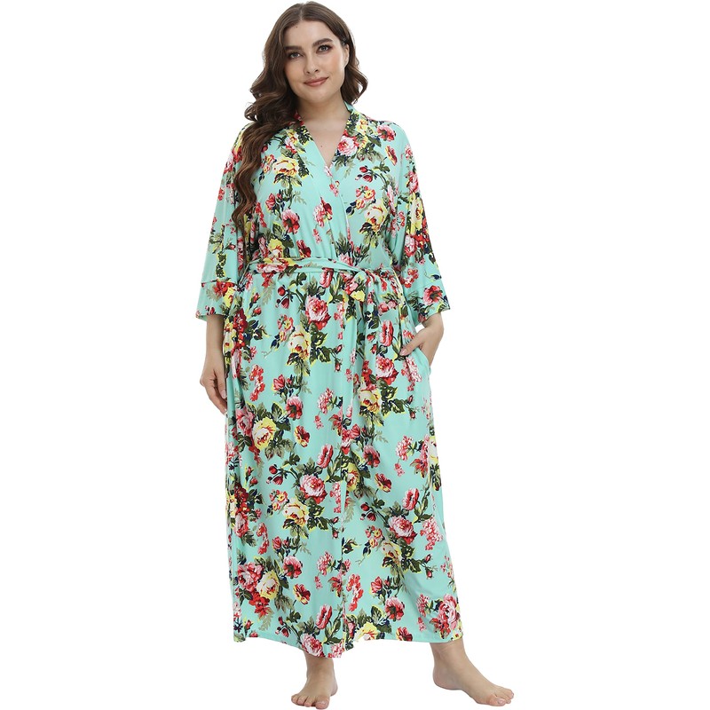 iFigure Women's Plus Size Long Robe Floral Bathrobes Dressing Gown