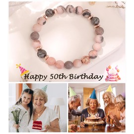 Maynor 50th Birthday Gifts for Women, Pink Zebra Bracelet, Natural Stone Healing Anxiety Crystal Bracelet Birthday Gift for Women Friend Mom Daughter Grandma Sister Wife