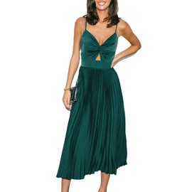 CUPSHE Midi Dress for Women 2025 Party Spaghetti Straps Sleeveless Pleated Cutout Formal Dress Green, M