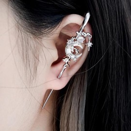 Vintage Ear Wrap Crawler Hook Earrings Silver Black Cross Moon Star Ear Wrap Crawler Hook Earrings for Women Punk Rock Gothic Star Rhinestone Wire Needle Hook Earrings Jewelry (Silver Moon)