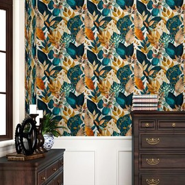 REDAMANCY Vintage Boho Dark Teal Blue Leaf Brown Yellow Leaves Peel and Stick Wallpaper Stick on Contact Paper Vintage Wall Paper Easy Peel Off for nightstand Drawer Cabinet Renter