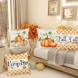 Fukeen Hello Pumpkin Happy Fall Y’All Throw Pillow Covers 24x24 Inch Set of 2 Burnt Orange Buffalo Plaid Checkered Autumn Maple Leaf Decorative Pillow Cases Harvest Thanksgiving Day Pillows Covers