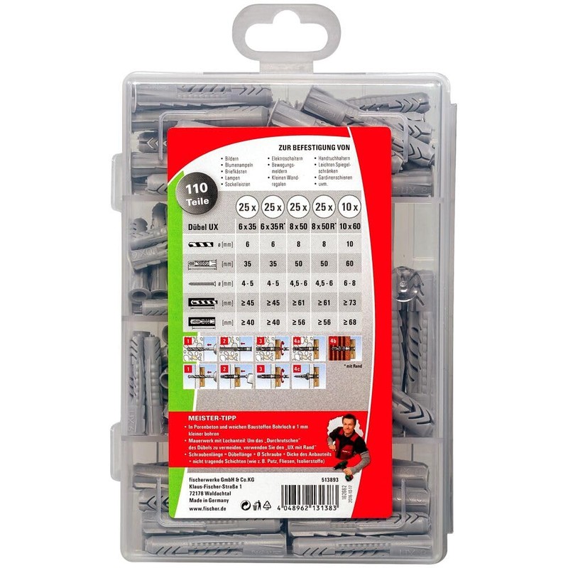 fischer Meister-Box UX/UX R, Dowel Set with 110 Pieces, Universal