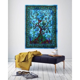 THE ART BOX Tapestry Turquoise Tree of Life Wall Hanging Psychedelic Tapestries Indian Cotton Twin Bedspread Picnic Sheet Wall Decor Blanket Wall Art Hippie Bedroom Décor (Small, 30x40 Inch)