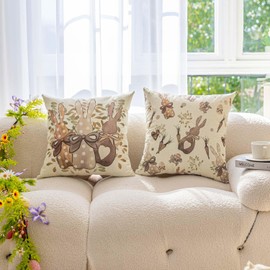Miuyunya Set of 2 Easter Linen Pillow Cases 45 x 45 Cushion Covers for Easter Modern Spring Bunny Ear Floral Pattern Decorative Cushion Covers for Sofa Outdoor Cushions