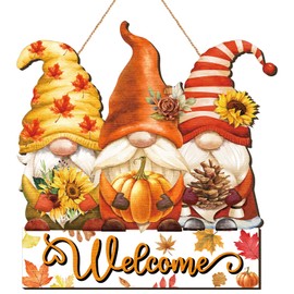 Boao Fall Welcome Door Sign Gnome Hanging Door Decor Thanksgiving Wooden Sign Autumn Door Decorations Pumpkin Maple Leaves Door Hanger for Outdoor Farmhouse Porch Front Door (Gnome)