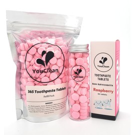 YouClean Refill Pack - 365 Toothpaste Tablets - Natural Remineralization & Whitening with Nano Hydroxyapatite - Travel or Daily Use - Fluoride Free (Raspberry)