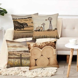 ShareJ Pack of 4 Rural Farm Home Decor Pillowcase Vintage Windmill Haystack Design Cotton Linen Farmhouse Throw Pillow Case Cushion Cover 18"X 18"