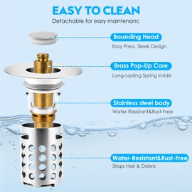 Bathroom Sink Drain Strainer, Pop Up Sink Drain Filter with Removable Stainless Steel Filter Basket Hair Catcher,for 1.25-1.5 Inch Bullet Core Push Type Basin Pop Up Drain Filter (2pack, Silvery)