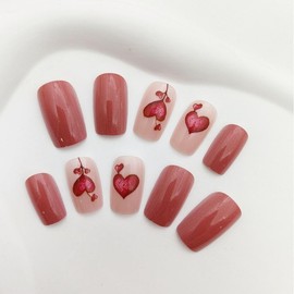 Valentine Press on Nails Medium Square Fake Nails Red Heart False Nails with Designs Solid Color Glue on Nails Full Cover Valentine Stick on Nails Acrylic Nails for Women and Girls 24Pcs