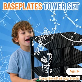 Classic Baseplates 10" x 10" Brik Tower by Strictly Briks | 100% Compatible with All Major Brands | Building Bricks for Towers and More | 4 Black Stackable Base Plates & 30 Stackers
