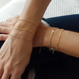 Kyerlyn Gold Bracelets for Women 14K Gold Bracelets Set for Women Dainty Herringbone Twisted Rope Chain Paperclip Link Bracelets Leaf Dot Bracelet Jewelry Gifts for Women