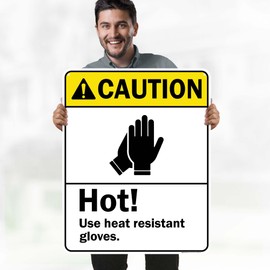 Caution Hot Use Heat Resistant Gloves With Graphic Sign, 24x30 Inches, 55 mil thick HDPS (high density polystyrene), Made in USA by My Sign Center