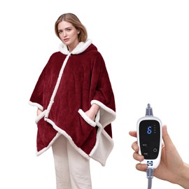 Sealy Heated Throw Wearable Shawl Wrap with Pockets, Reversible Flannel to Sherpa Electric Blanket Hoodie Poncho with 6 Heating Levels & 2-10 Hours Time Settings, 50 X 60 Inch, Red