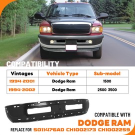 KUAFU Front Bumper Compatible with 1994-2001 Dodge Ram 1500, 1994-2002 Dodge Ram 2500 3500 Replacement for CH1002173, CH1002259, 5011476AD Bumper Face Bar Steel Black 2PCS