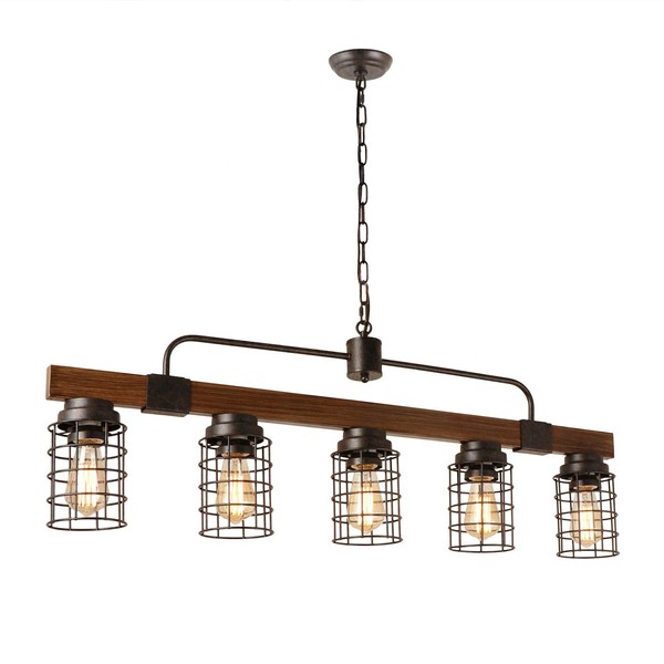 Giluta Industrial Linear Kitchen Island Light, 5-Light Farmhouse Chandelier with Rustic Metal Mesh Cage, Pendant Lighting Fixture for Kitchen Island Dining Room Pool Table Living Room