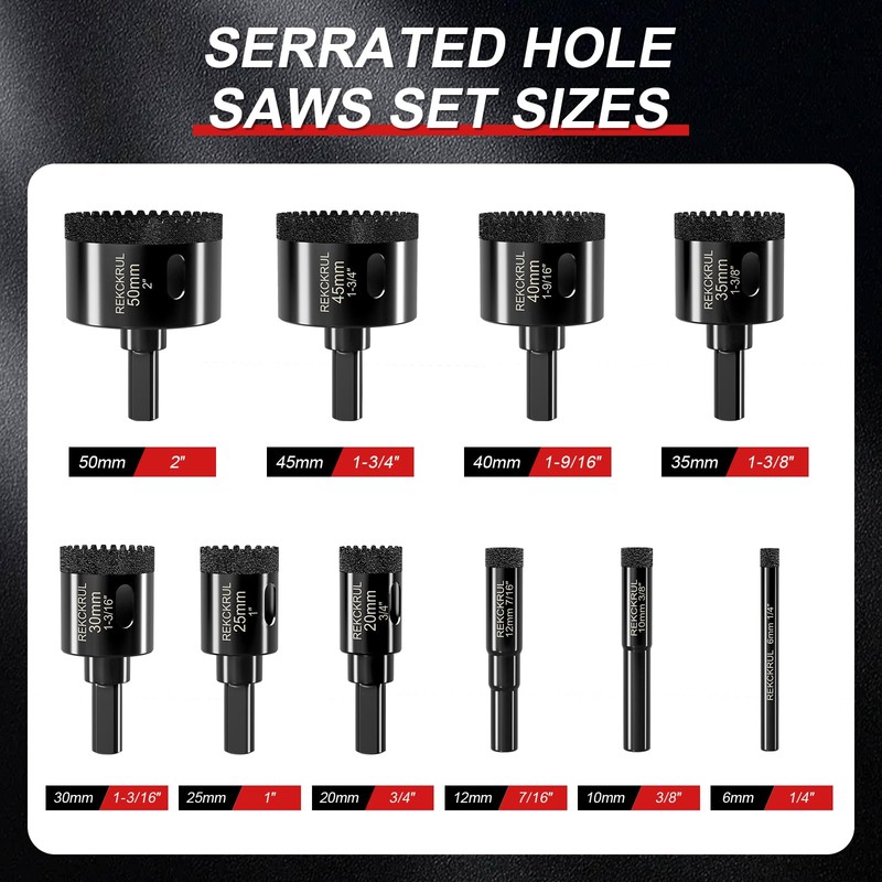 REKCKRUL 10 PCS Diamond Hole Saw Set, Serrated Brazing Tile