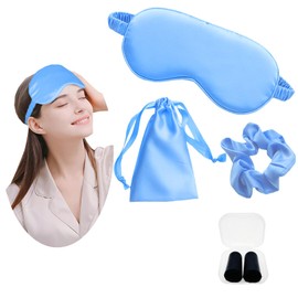 JK Home Silk Eye Mask Travel Set with Pouch Earplug and Hair Scrunchies, Satin Sleep Mask Soft Eye Cover Eyemask for Women Men Blackout with Elastic Strap for Night Travel Nap SkyBlue