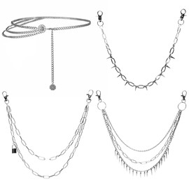 4 Pcs Multilayer Metal Waist Chain Belt for Women, Jean Pants Chain Adjustable Women Long Belt Body Belly Jewelry for Dresses Jeans Trousers wallet