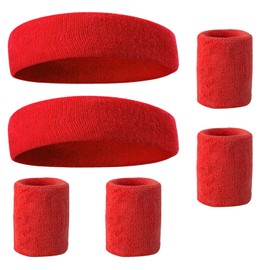 Taicols Sweatbands Set - 2 Sets, 2 Pcs Sports Headband and 4 Pcs Wristbands Sweatbands, Colorful Cotton Sweatband Set, Terry Cloth Athletic Sweat Bands Sports Sweat Bands for Men Women (Red)