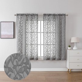 Lecloud Leia Living Room Charcoal Grey Sheer Curtains 45 Inches Length 2 Panels, Double Rod Pocket Window Voile Gray Curtain for Bedroom, Jacquard Textured Leaf Short Kitchen Drapes, 38W x 45L